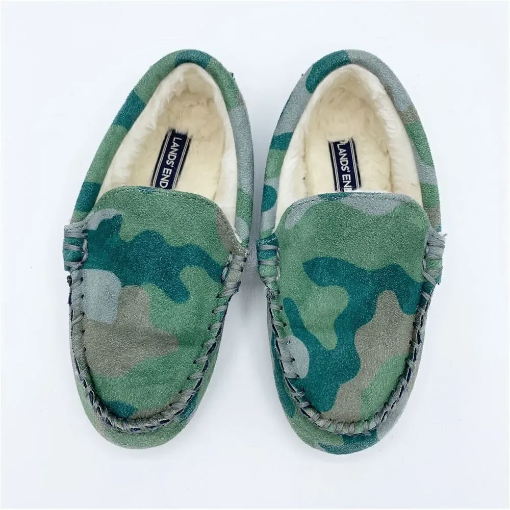 Lands' End Green Camo Print Moccasin‎ Slippers Faux Fur Lining Kids Size 1
